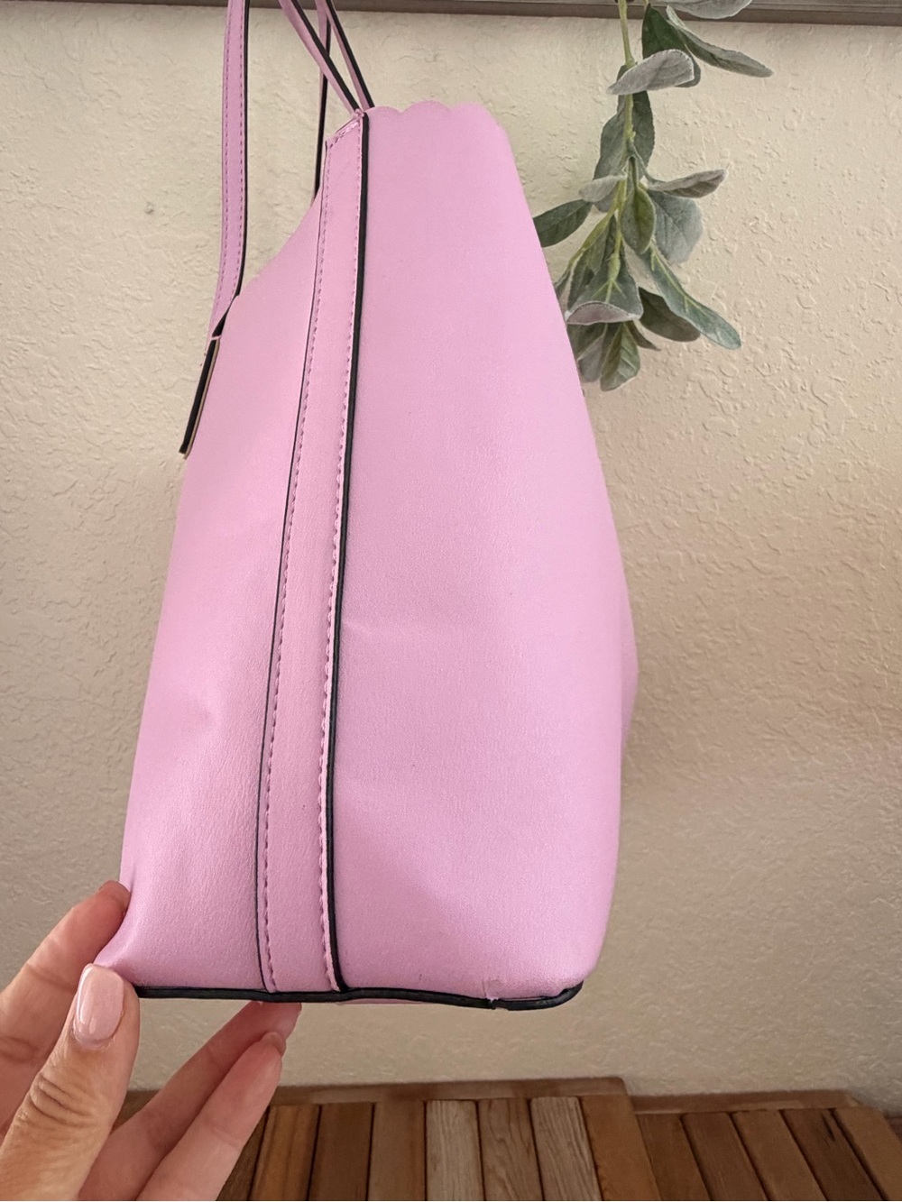 Trina Turk Pink Scallop-Edge Tote, Multicolored Interior, Gold Tone Logo, Vegan - Picture 4 of 10